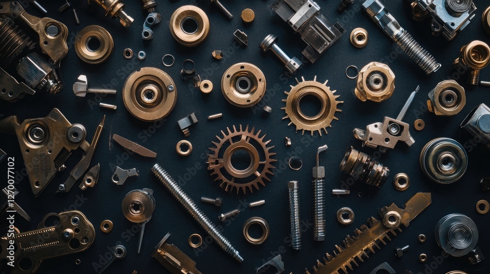Metallic parts and fasteners scattered across a dark surface, displaying intricate design and craftsmanship in industrial components. Metallic parts and fasteners scattered across a dark surface, displaying intricate design and craftsmanship in industrial components.