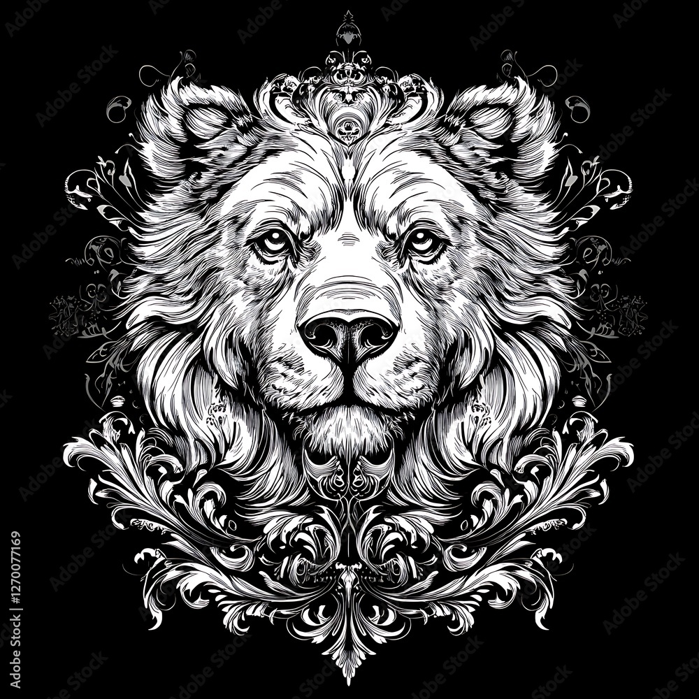Obraz premium Majestic lion head, ornate frame, graphic design, apparel print, cool style