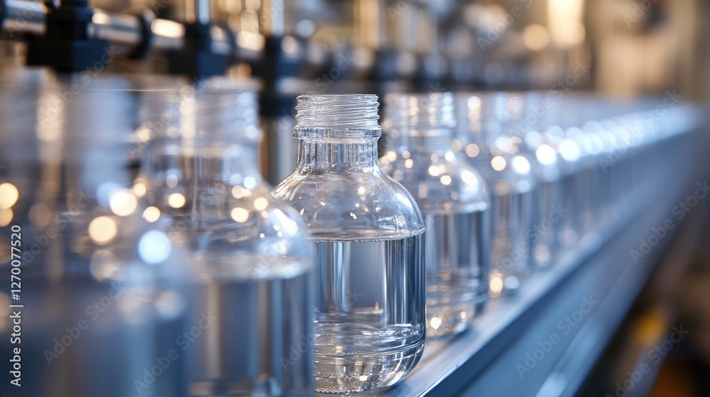 Rows of clear bottles moving along a production line, with gleaming surfaces and exact alignment, emphasizing the efficiency of the process. Rows of clear bottles moving along a production line, with gleaming surfaces and exact alignment, emphasizing the efficiency of the process.