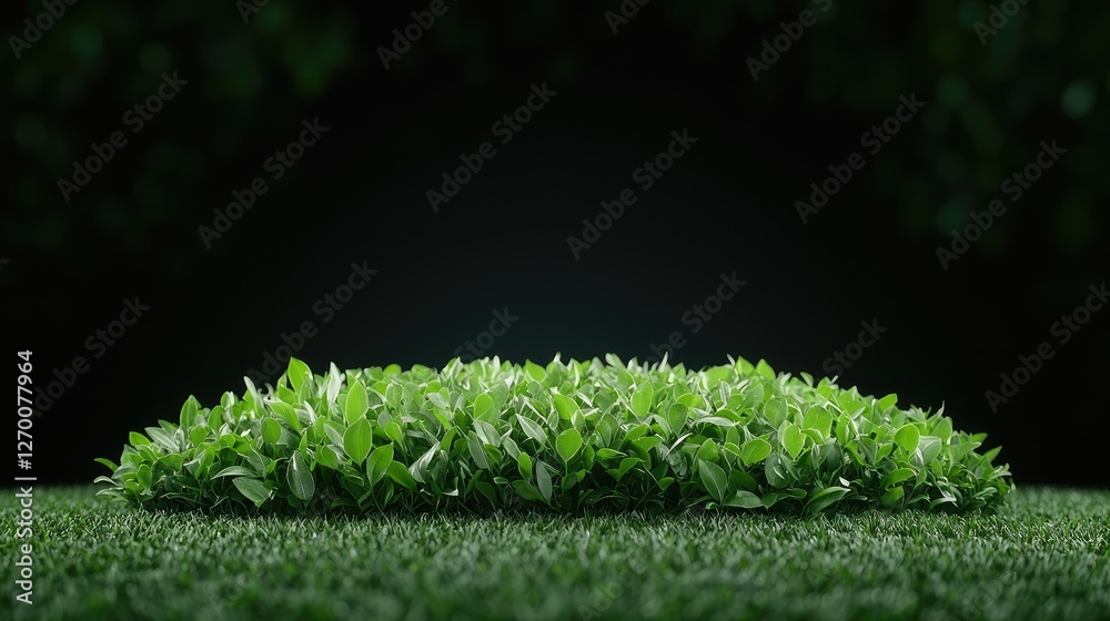 Fototapeta premium A lush mound of vibrant green leaves grows on a grassy field against a dark background.