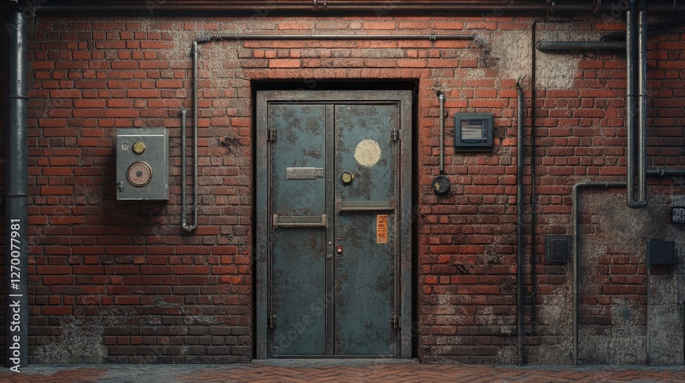 The entrance to a transformer area with metal doors set into a red brick wall, creating an industrial look softened by the aged bricks. The entrance to a transformer area with metal doors set into a red brick wall, creating an industrial look softened by the aged bricks.