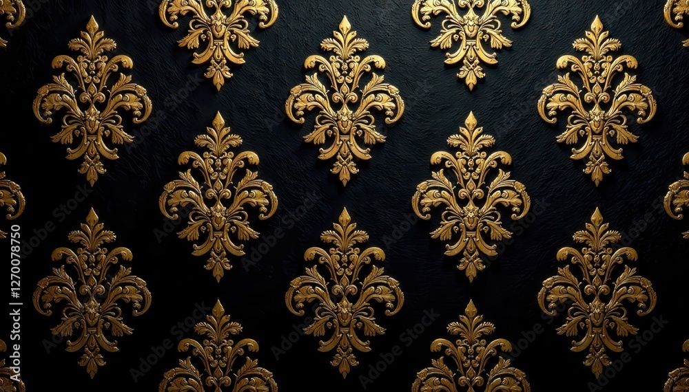 Intricate gold damask pattern on black background, scroll, design Intricate gold damask pattern on black background, scroll, design