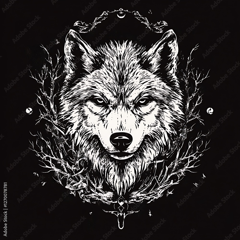 Fototapeta premium Majestic wolf portrait, dark background, branches, moon