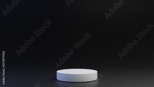 White empty podium or pedestal for product presentation. Round mockup platform on dark background. 3d rendering	