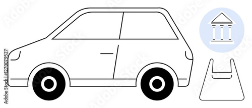 Car parked next to a triangle parking sign with a courthouse icon. Ideal for transport, location, city planning, public parking, government services, urban infrastructure, traffic. Abstract line flat