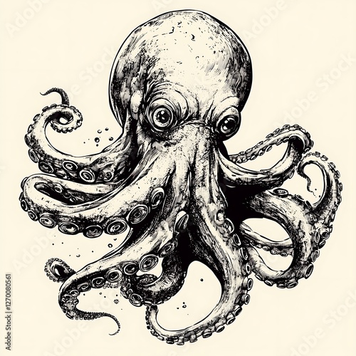 Ink sketch of an octopus, detailed illustration of marine animal, white background, design photo