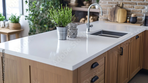 A kitchen counter with a white marble top and wooden cabinets