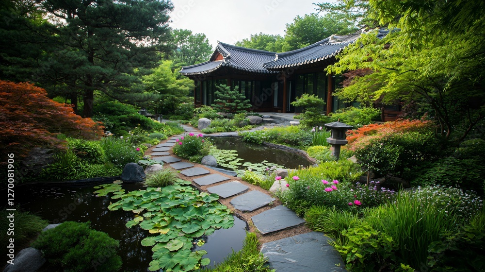 asian garden scene with a pathway of stone, pond with lilies, and building in the background. asian garden scene with a pathway of stone, pond with lilies, and building in the background.