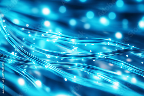 A futuristic depiction of fiber optic strands illuminated in blue, symbolizing digital communication, high-speed data transfer, and connectivity.