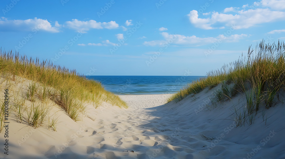 A beach with a path leading to the water A beach with a path leading to the water