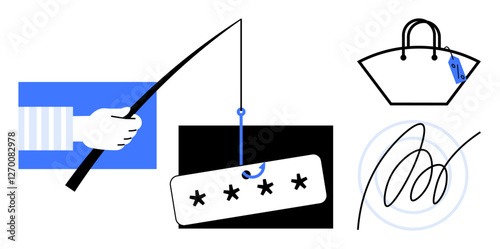 Hand holding a phishing rod with a password tag, handbag with price tag, scribble representing confusion. Ideal for cybersecurity, phishing, online safety, identity theft, data protection, digital