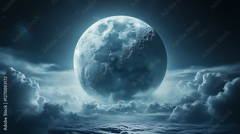 A large, glowing moon is surrounded by a cloudy sky A large, glowing moon is surrounded by a cloudy sky