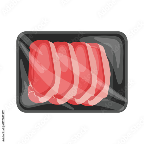 Vector illustration of meat packaging in cartoon flat style. Pack meat products. Frozen ground meat, pork and steaks, raw butcher shop food flat vector illustration set. Meat packed in plastic tray
