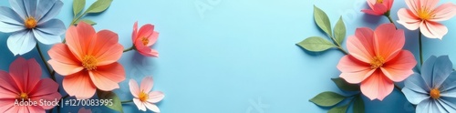 Vibrant paper flowers, light blue backdrop, central space , artisan, design element