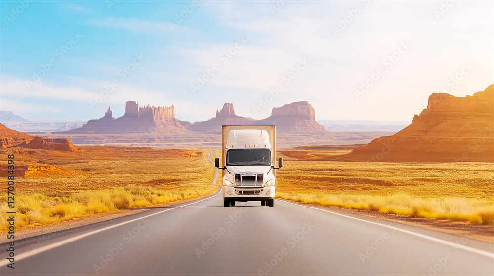 Obraz premium A white semi-truck driving on a desert highway with rock formations in the background, symbolizing transportation, logistics, and long-haul trucking industry.