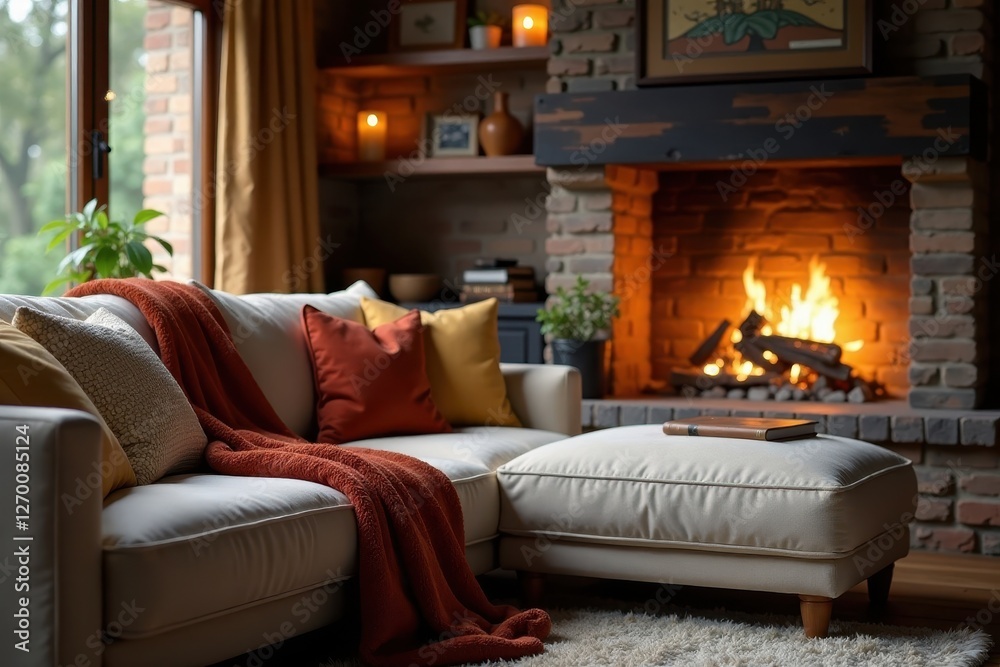 Plush sofa, warm blanket, fireplace glow, cozy scene , winter, serene Plush sofa, warm blanket, fireplace glow, cozy scene , winter, serene