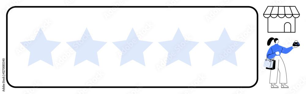 Five stars with light blue outlines, customer holding a phone reviewing shopping experience, store icon. Ideal for customer satisfaction, online reviews, quality feedback, purchasing decisions Five stars with light blue outlines, customer holding a phone reviewing shopping experience, store icon. Ideal for customer satisfaction, online reviews, quality feedback, purchasing decisions