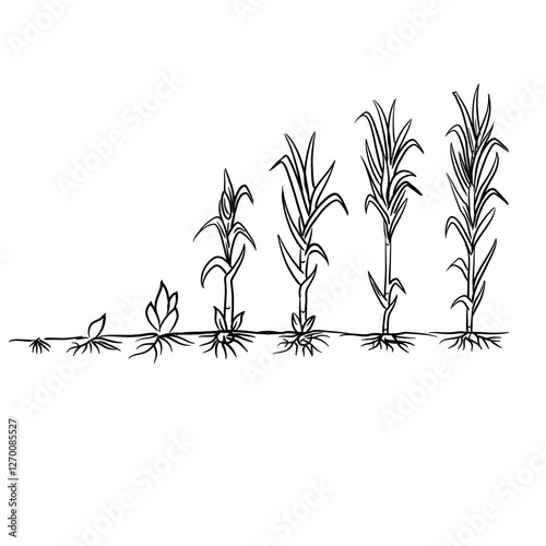 Hand drawn vector sketch illustration Line art, Growth stage of sugarcane plant, Growth stages from seed to flowering and fruiting plant isolated on white background