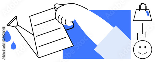 Hand watering a paper plant with blue drops, shopping bag with blue tag, and smiling face suggesting nurture, consumer satisfaction, personal growth, motivation, education, development, positivity