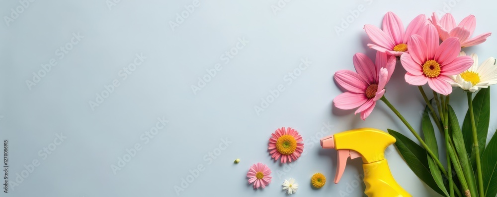 Pastel coloured flowers & cleaning equipment on grey backdrop , bright, floral Pastel coloured flowers & cleaning equipment on grey backdrop , bright, floral