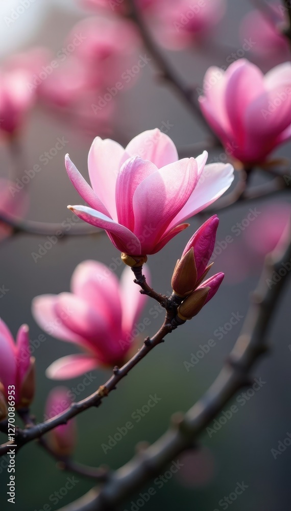 Pink magnolia branch, newly opened buds and flowers , soft, vibrant Pink magnolia branch, newly opened buds and flowers , soft, vibrant