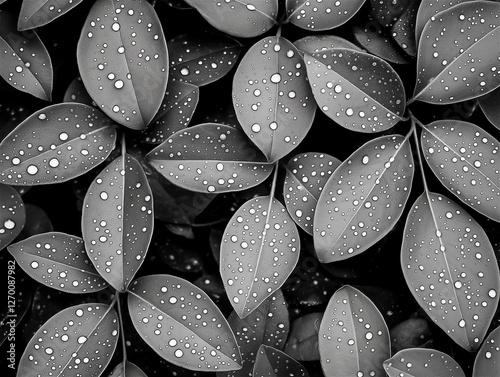 Close-up of wet, glossy black leaves with droplets of water, reflecting soft light. The image captures the beauty of nature’s simplicity with intricate details of water droplets. photo