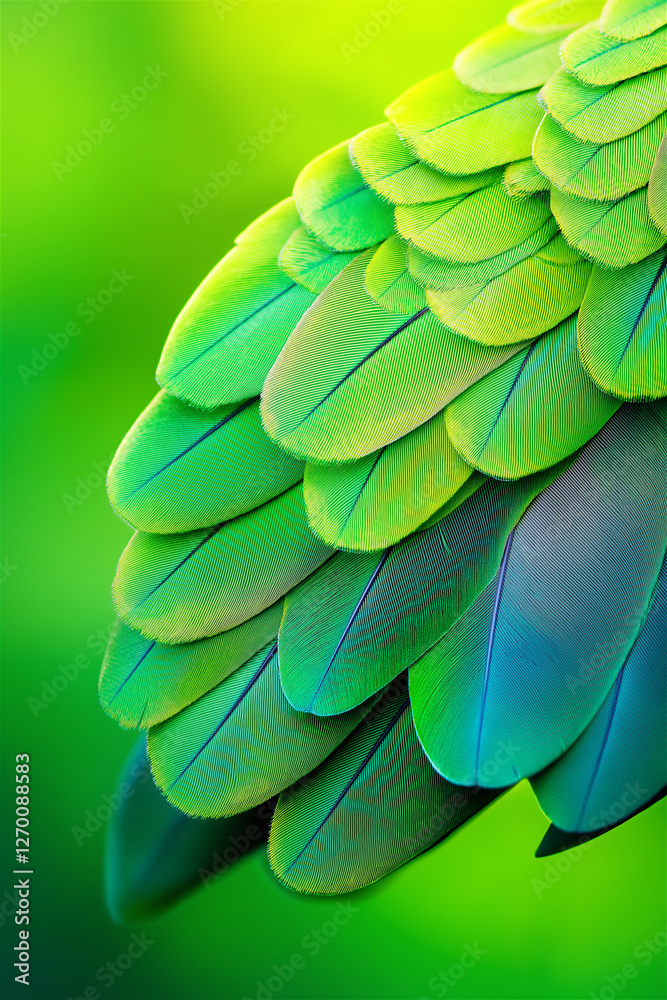 Naklejka premium The vibrant feathers of a close-up of a tropical bird with shades of green, showcasing the intricate details and natural beauty of the bird's plumage.