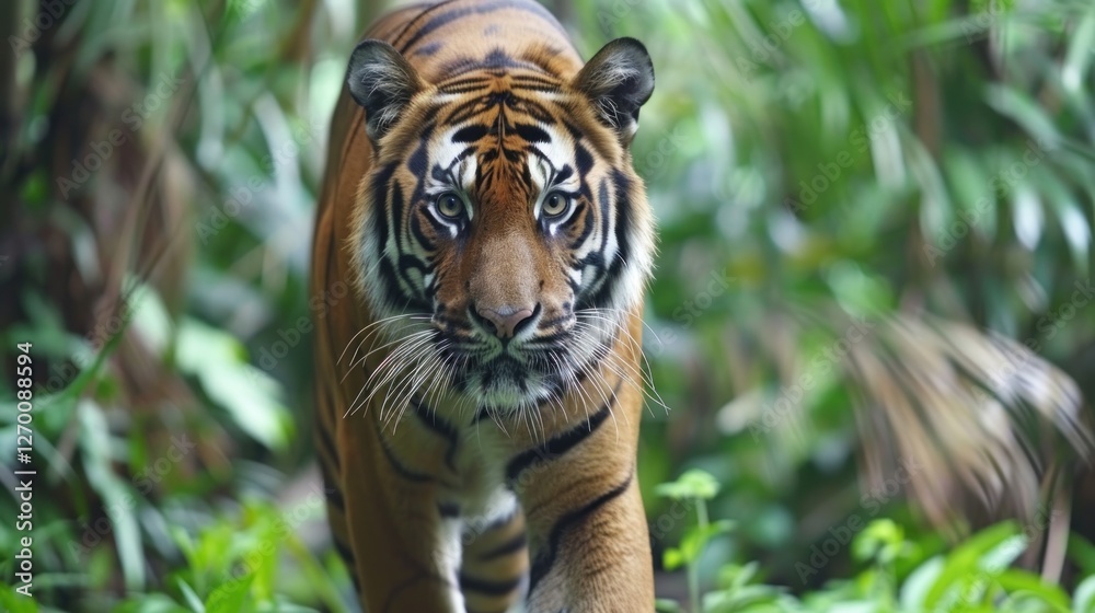 Fototapeta premium the view of a tiger in a forest decorated with leaves