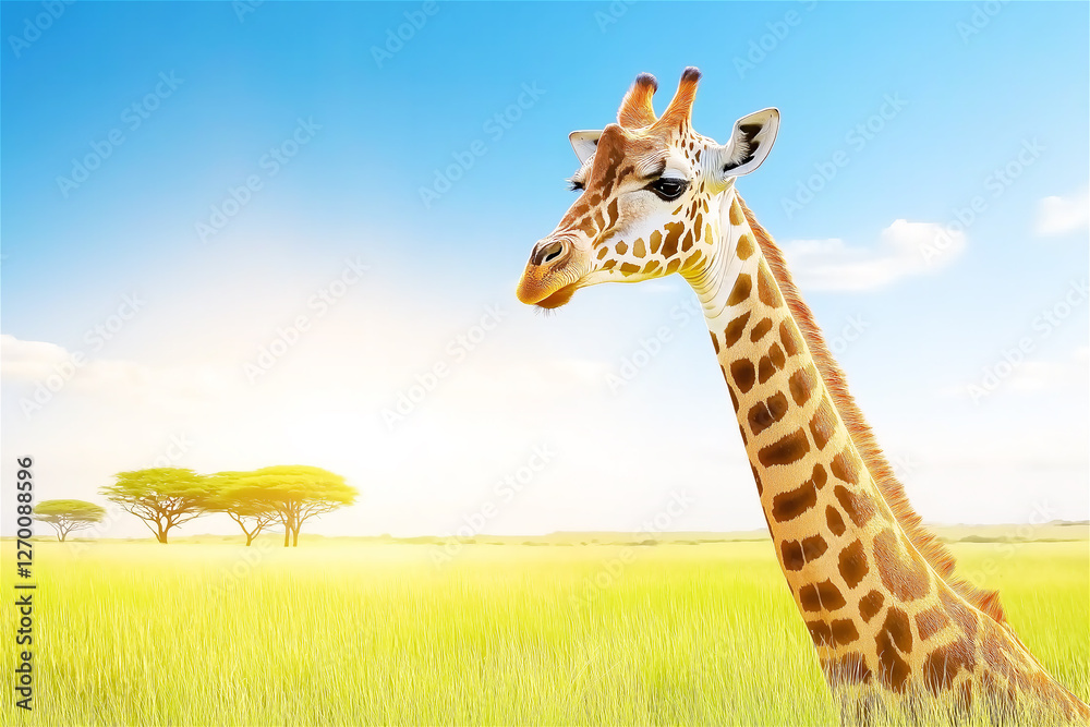 Fototapeta premium A giraffe grazing in the vast savannah, with its long neck reaching high into the air, against a clear blue sky, embodying the beauty of the African wilderness.