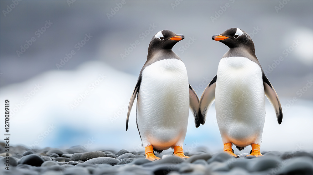 Obraz premium Two penguins standing close together on a rocky coastline with a tranquil ocean backdrop, symbolizing companionship and the beauty of wildlife in its natural habitat.