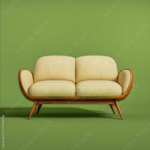 a realistic drawing of a cream twoseater sofa in a style of Alex Colville soft colour plain green background high quality green vector background photo