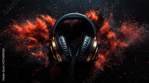 High-quality black and gold headphones showcased against a burst of vibrant orange and red powder.