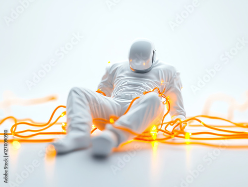 futuristic figure in white suit is entangled in glowing orange wires, symbolizing connection and technology photo