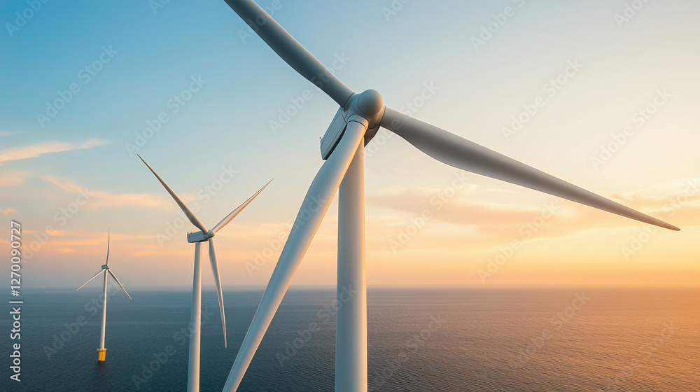 Fototapeta premium Offshore wind turbines spinning in open ocean at sunset, showcasing renewable energy