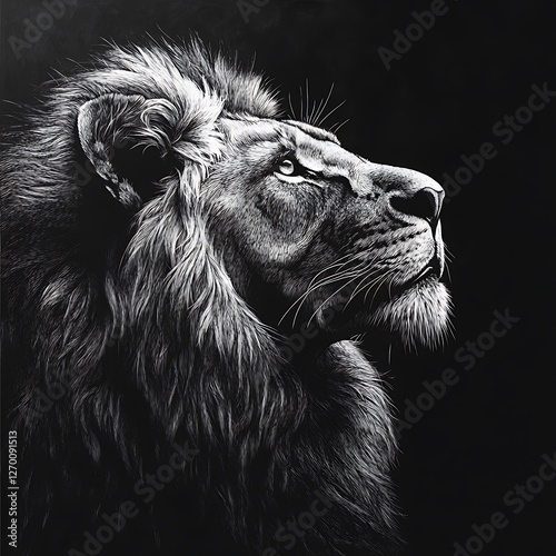 Black and white lion portrait, majestic animal, dark background, fine art, possible use for prints, posters or wall art photo