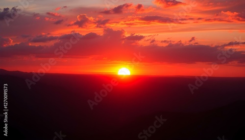 Fiery Sunset Landscape: Vibrant Red Sky and Horizon