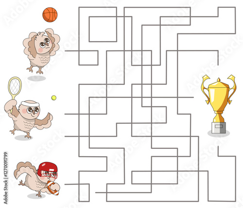 Find out which player will get the gold cup. Maze game. Sports vector illustration for children's activity book, entertainment, print. Award