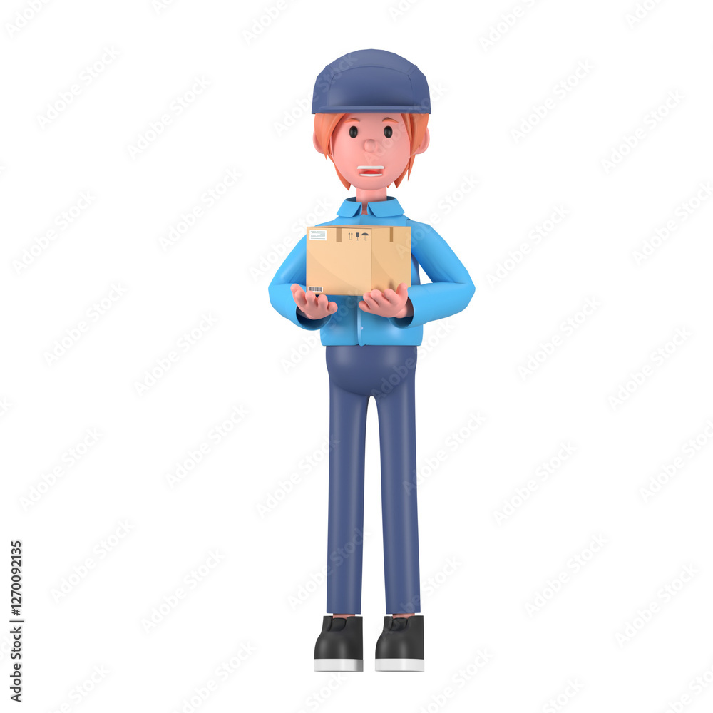 Delivery courier man in blue uniform holding cardboard package box. Safe delivery of goods concept. 3d people character illustration. Cartoon minimal style. PNG background Delivery courier man in blue uniform holding cardboard package box. Safe delivery of goods concept. 3d people character illustration. Cartoon minimal style. PNG background