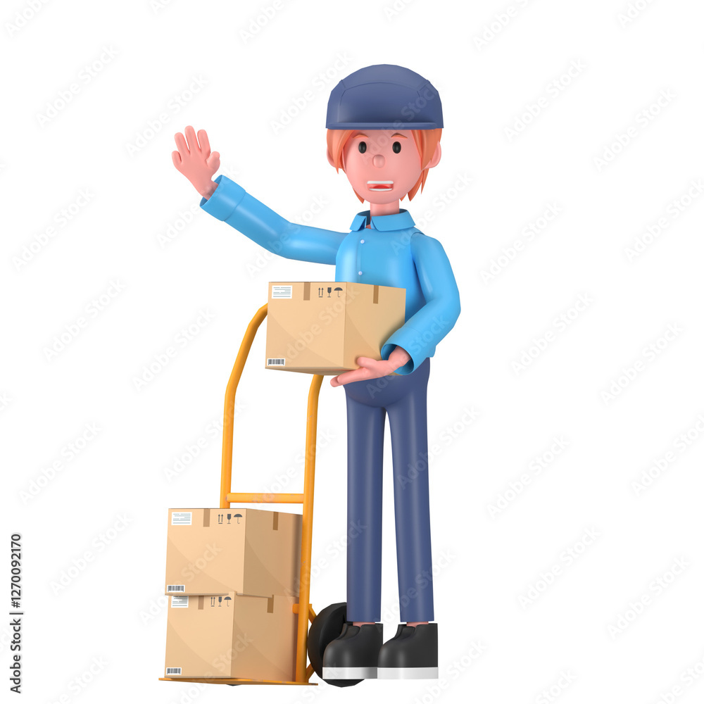 Delivery courier man in blue uniform holding cardboard package with delivery cart. Safe delivery of goods concept. 3d people character illustration. Cartoon minimal style. PNG background Delivery courier man in blue uniform holding cardboard package with delivery cart. Safe delivery of goods concept. 3d people character illustration. Cartoon minimal style. PNG background