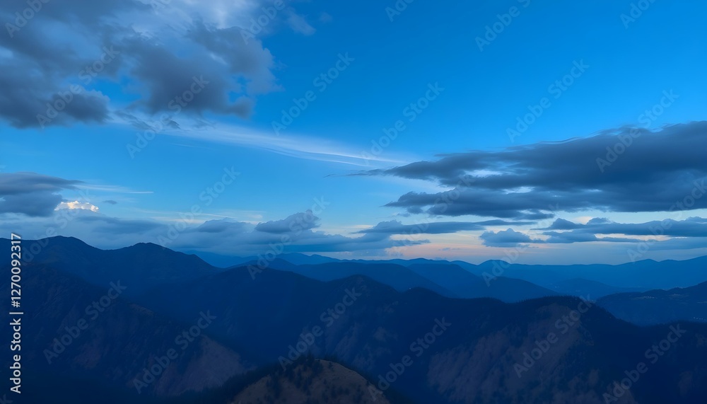 Majestic Twilight Mountain Range Silhouette Under Blue Sky Majestic Twilight Mountain Range Silhouette Under Blue Sky