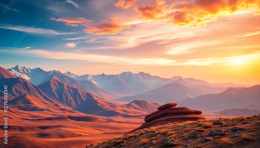 Naklejka premium Majestic Sunset over Dramatic Red Mountains and Valley