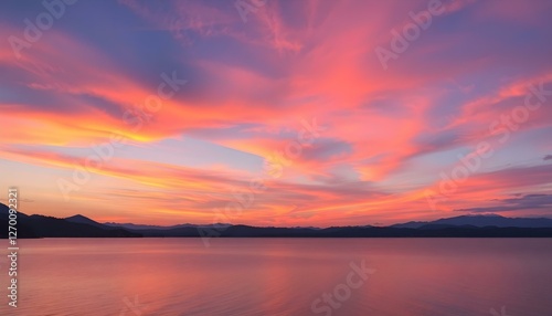 Stunning Pink and Orange Sunset over Calm Lake and Mountains