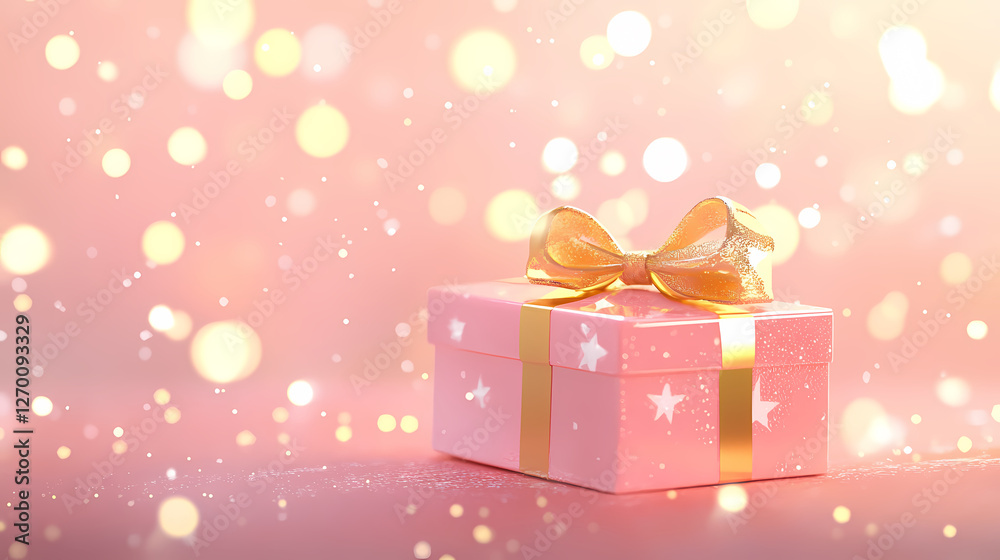 Fototapeta premium Pink Gift Box with Golden Bow and White Stars