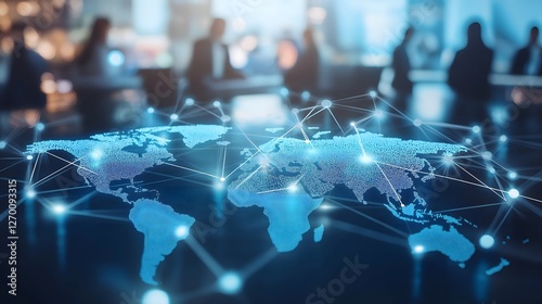Global network map illustrating interconnected nodes representing data exchange among diverse regions worldwide