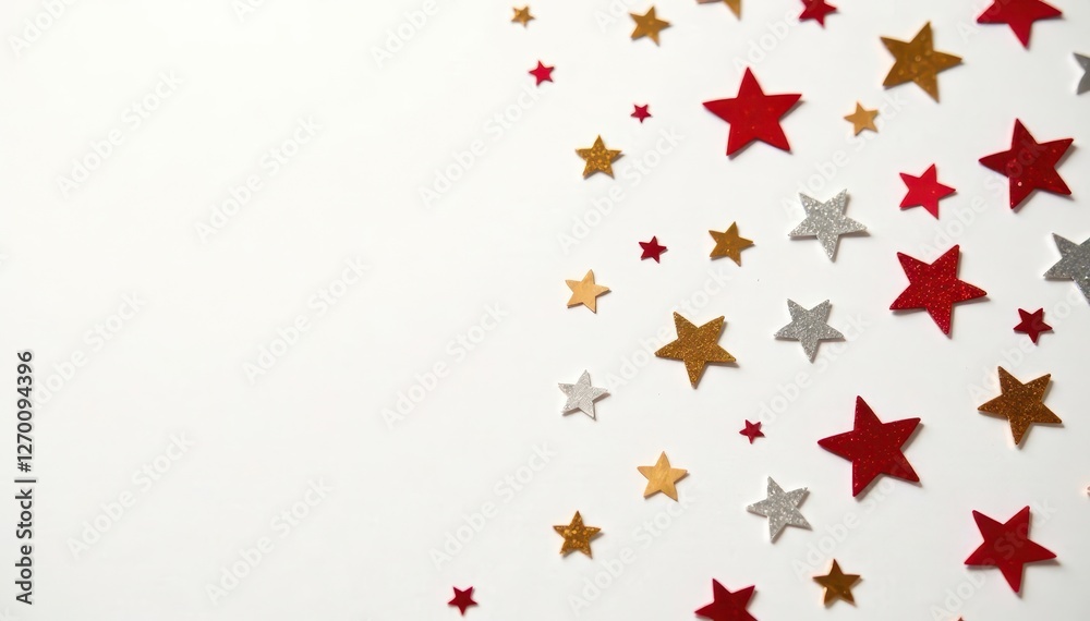 Scattered gold, silver, red star confetti on white Ideal for Christmas designs and festive backgrounds , pattern, bright Scattered gold, silver, red star confetti on white Ideal for Christmas designs and festive backgrounds , pattern, bright