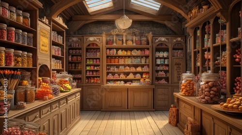 A quaint, rustic candy shop with shelves overflowing with colorful treats, inviting customers to indulge in sweetness.