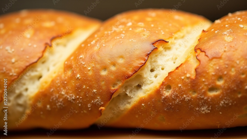 A close-up of a baguette's crispy, golden crust with air pockets. Lighting highlights its crunchy and rustic texture. A close-up of a baguette's crispy, golden crust with air pockets. Lighting highlights its crunchy and rustic texture.
