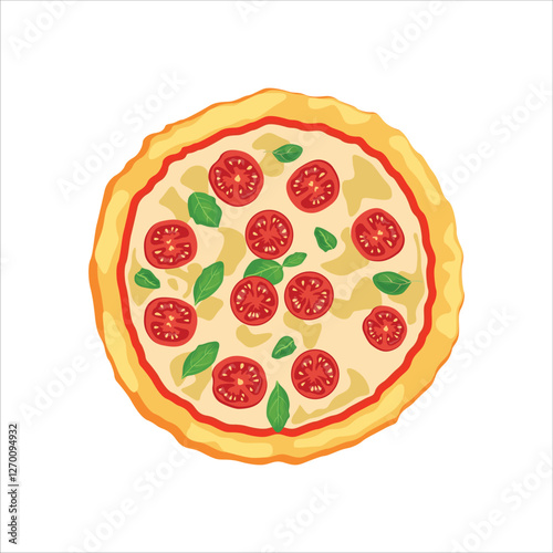Vector illustration of pizza in cartoon flat style. Whole and chopped pizza icon. Italian pizza with tomato, sausage, pepperoni and mushrooms. top view. pizza with slice. Pizza fast food