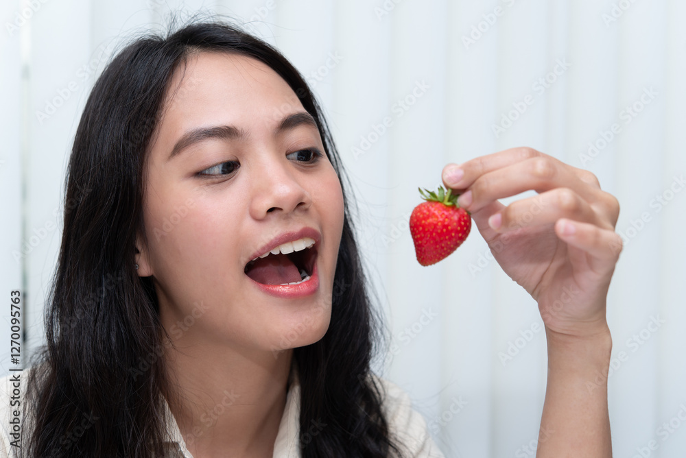 Woman eat strawberry red berry fruit sweet juicy Woman eat strawberry red berry fruit sweet juicy