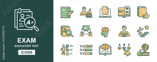 quiz exam icon set education school evaluation test online questionnaire grade result pass score vector set student learning clipboard school performance signs illustration for web and app